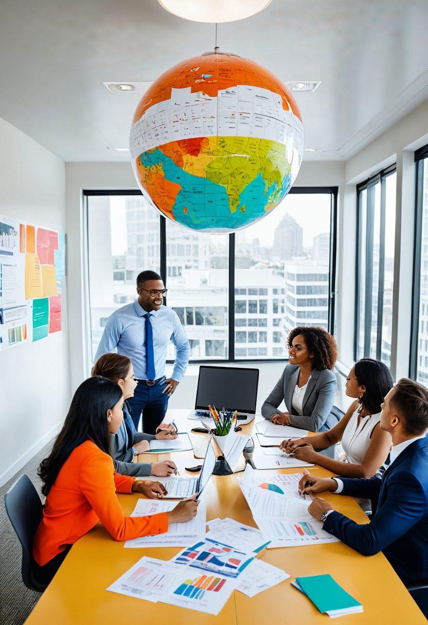 A modern, well-organized workspace showcasing a diverse group of people looking at insurance brochures and discussing strategies. Include elements like a transparent globe symbolizing global risks, stacks of benefit analysis reports, and risk assessment charts spread across the table. The atmosphere should be collaborative and informative, capturing the essence of navigating insurance shopping. Add bright colors to emphasize optimism and clarity. super-realistic. vibrant colors. white background.