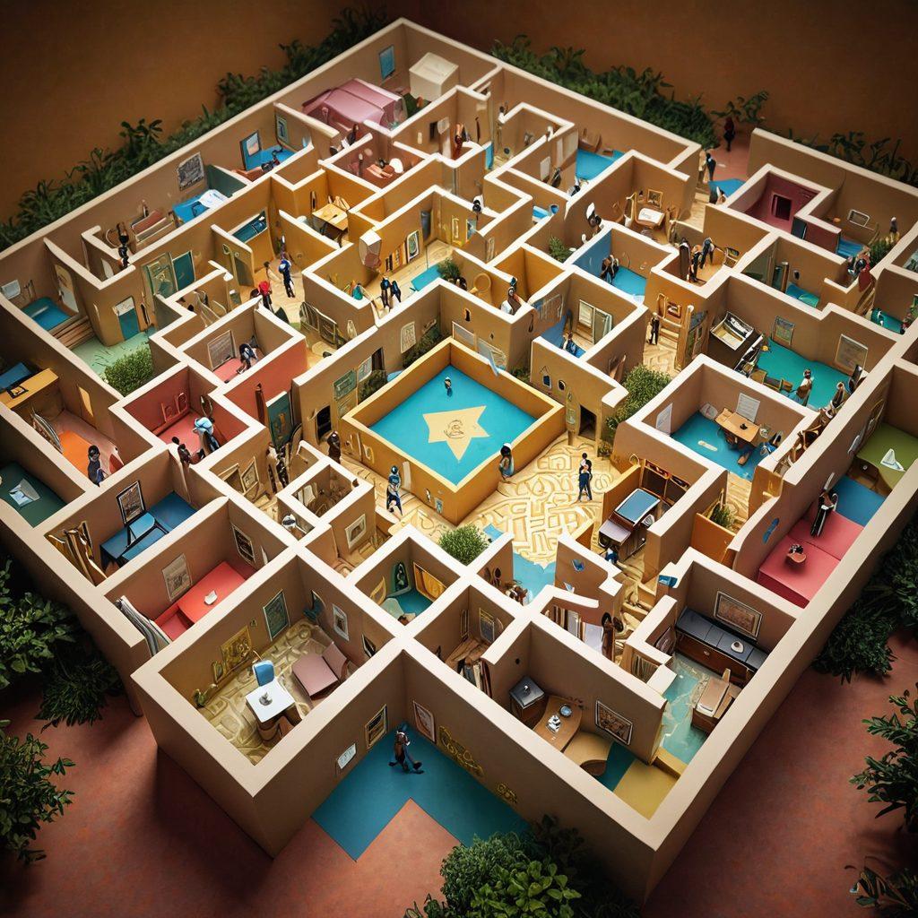 A labyrinthine maze made of insurance documents, with a diverse group of people holding maps and navigating through it. Each path represents different coverage options, like health, car, and home insurance. Bright light shines down from above, symbolizing guidance and clarity. A mix of modern and traditional elements, depicting both digital and paper-based solutions. vibrant colors. 3D.