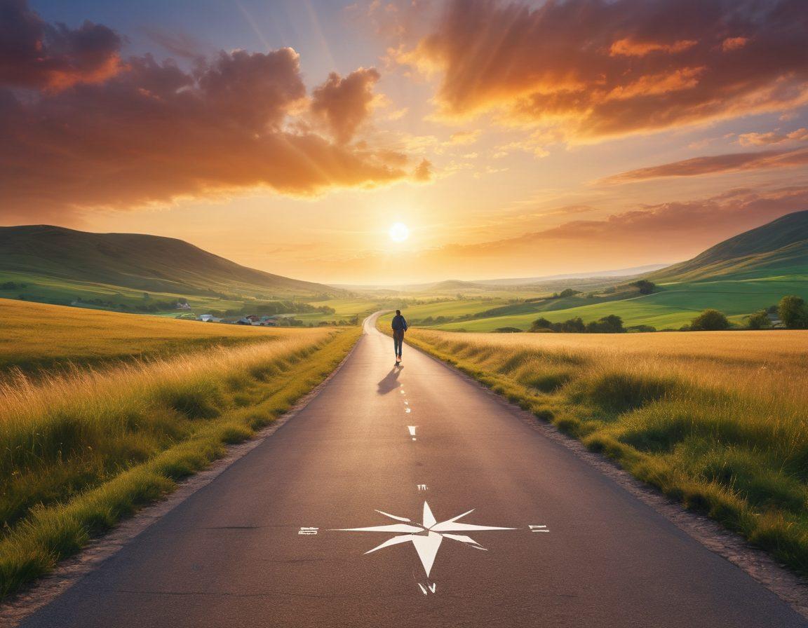 An open road symbolizing a journey, lined with insurance policy documents transforming into a pathway of financial stability. Include a serene figure holding a compass, representing guidance and peace of mind along the journey. The background should feature a bright horizon indicating hope and clarity. Include subtle icons of different insurance types (home, auto, health) subtly blending into the scene. vibrant colors. super-realistic.